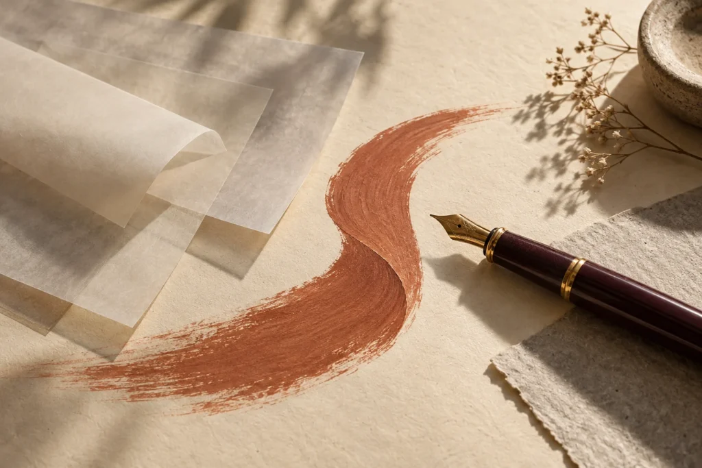 Fountain pen, translucent paper, and a terracotta brushstroke representing a distinctive brand voice