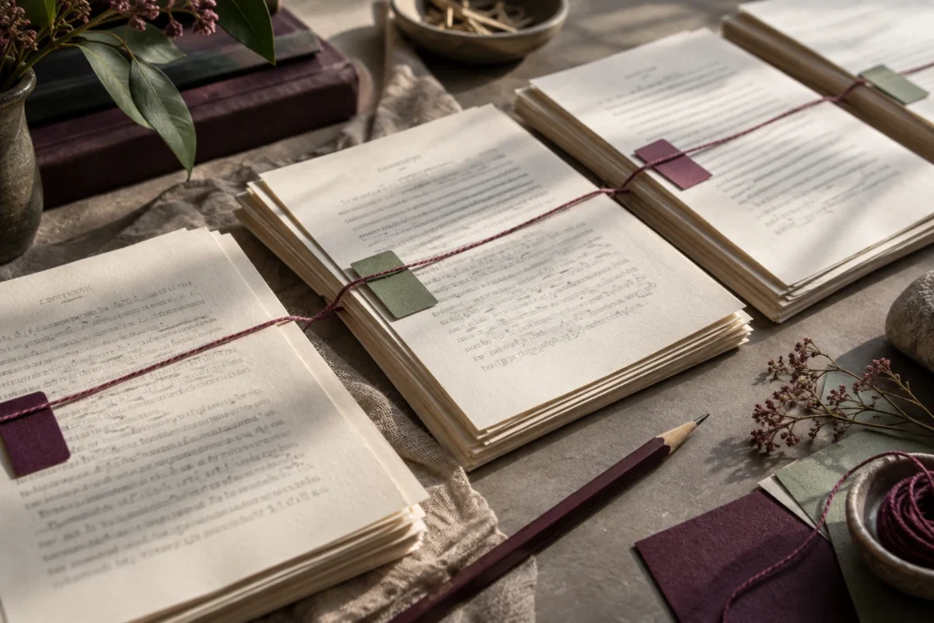 Manuscript sections arranged with paper tabs and thread to represent developmental editing