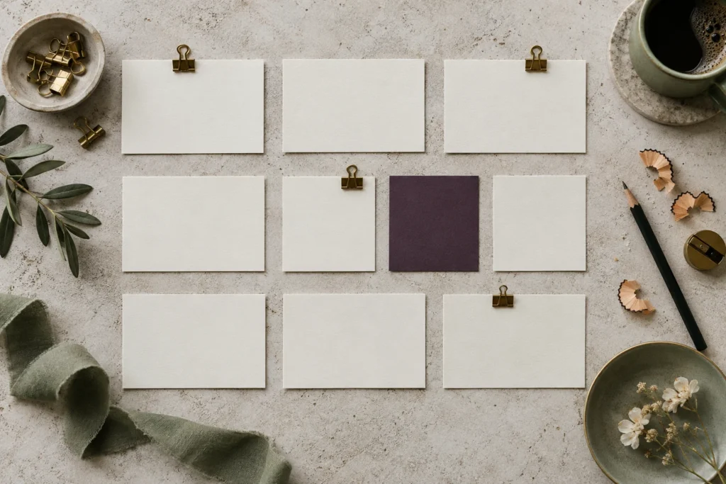 Blank index cards arranged in a calm editorial planning grid