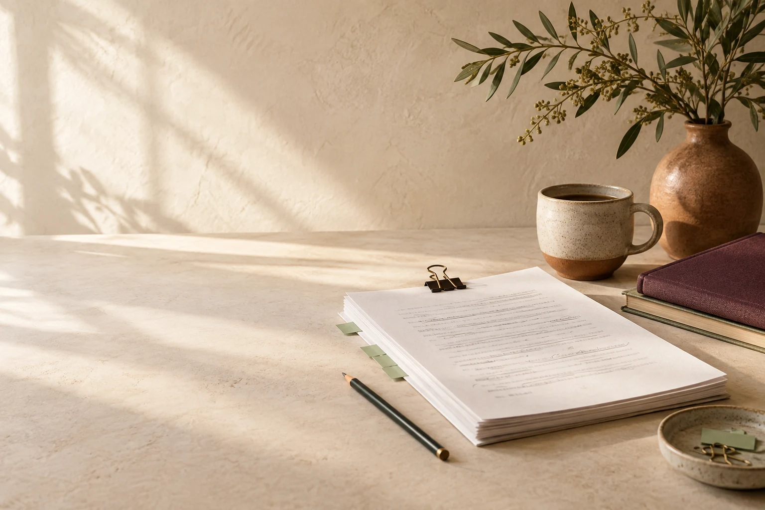 A warm editorial workspace with manuscript pages, pencil, notebook, and ceramic cup